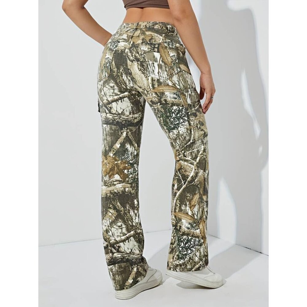 Women Camouflage Cargo Pants Cotton Polyester High Rise Wide Leg Trousers - Picture 4 of 7